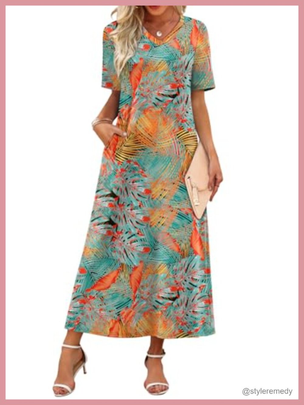 WIHOLL Women's Maxi Dress V Neck Short Sleeve Floral Travel Beach